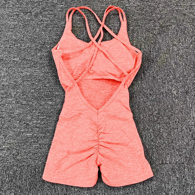 Pad Cross Back Women 2025 Lycra Fitness Gym One Piece Jumpsuit Leggings Workout Pant Female Shorts Active Wear Sport Outfit Suit