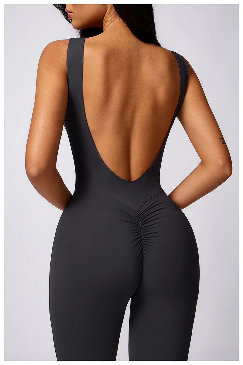 Sleeveless One-piece Suit Women Backless Sports Jumpsuit Female Flared Rompers Quick Drying Yoga Clothing Workout Bodysuits