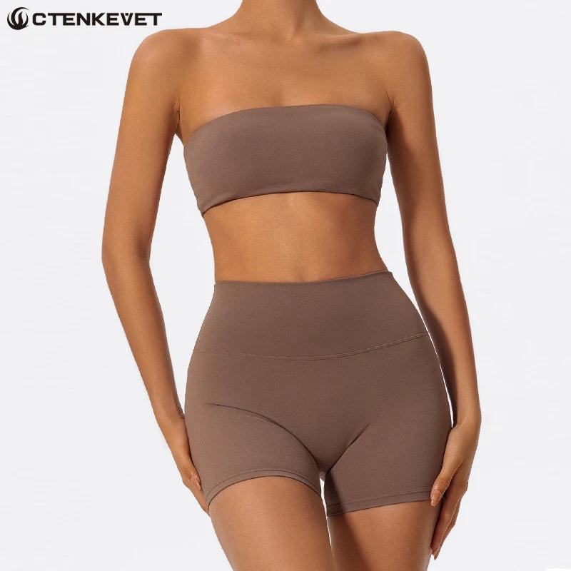 Ctenkevet Two Piece Fitness Sports Set Women Workout Yoga Outfit Strapless Bra Woman 2Ps Gym Crop Top Deportivos Mujer Gym Suits