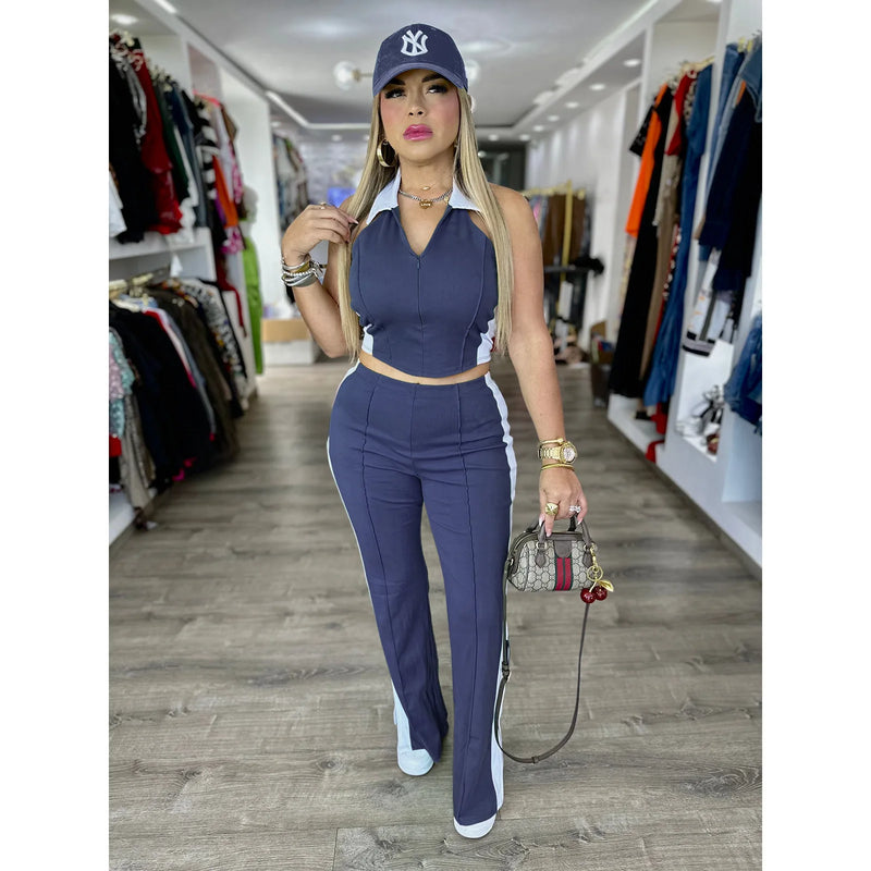 Sister Star Women's Comfortable Casual Patchwork Color Collision V-neck Zipper Sleeveless Open Long Straight Pants Two-piece Set