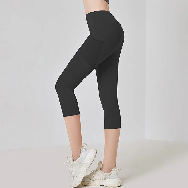 Women Sport Leggings High Waist Cropped Yoga Pants Elastic Mesh Pocket Running Capris Gym Crop Leggings Slim Fitness Tights