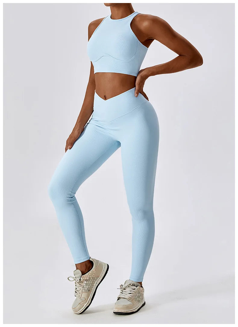 2PCS Seamless Yoga Set Gym Clothes Sportswear Yoga Suits For Women Fitness Rib Tracksuits Sports Bra Gym Leggings Sports Suits