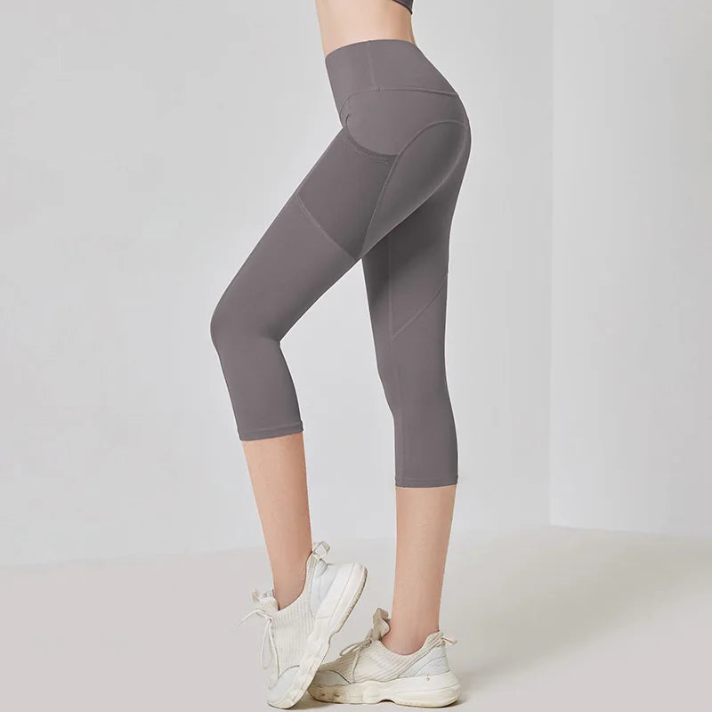 Women Sport Leggings High Waist Cropped Yoga Pants Elastic Mesh Pocket Running Capris Gym Crop Leggings Slim Fitness Tights