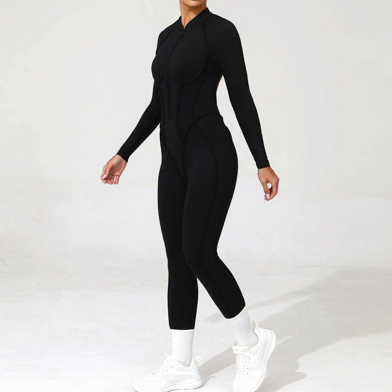 2025 Women's One-piece Yoga Jumpsuit leggings Zipper Nylon Long-sleeved Sexy Backless Slim Fit Sports Outfit with chest pad