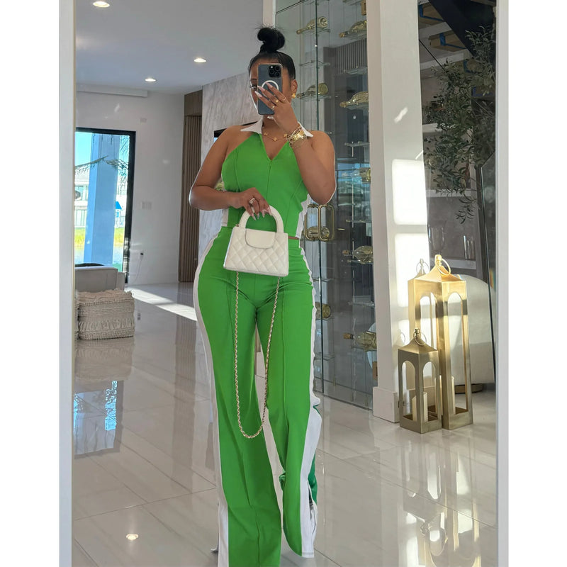 Sister Star Women's Comfortable Casual Patchwork Color Collision V-neck Zipper Sleeveless Open Long Straight Pants Two-piece Set