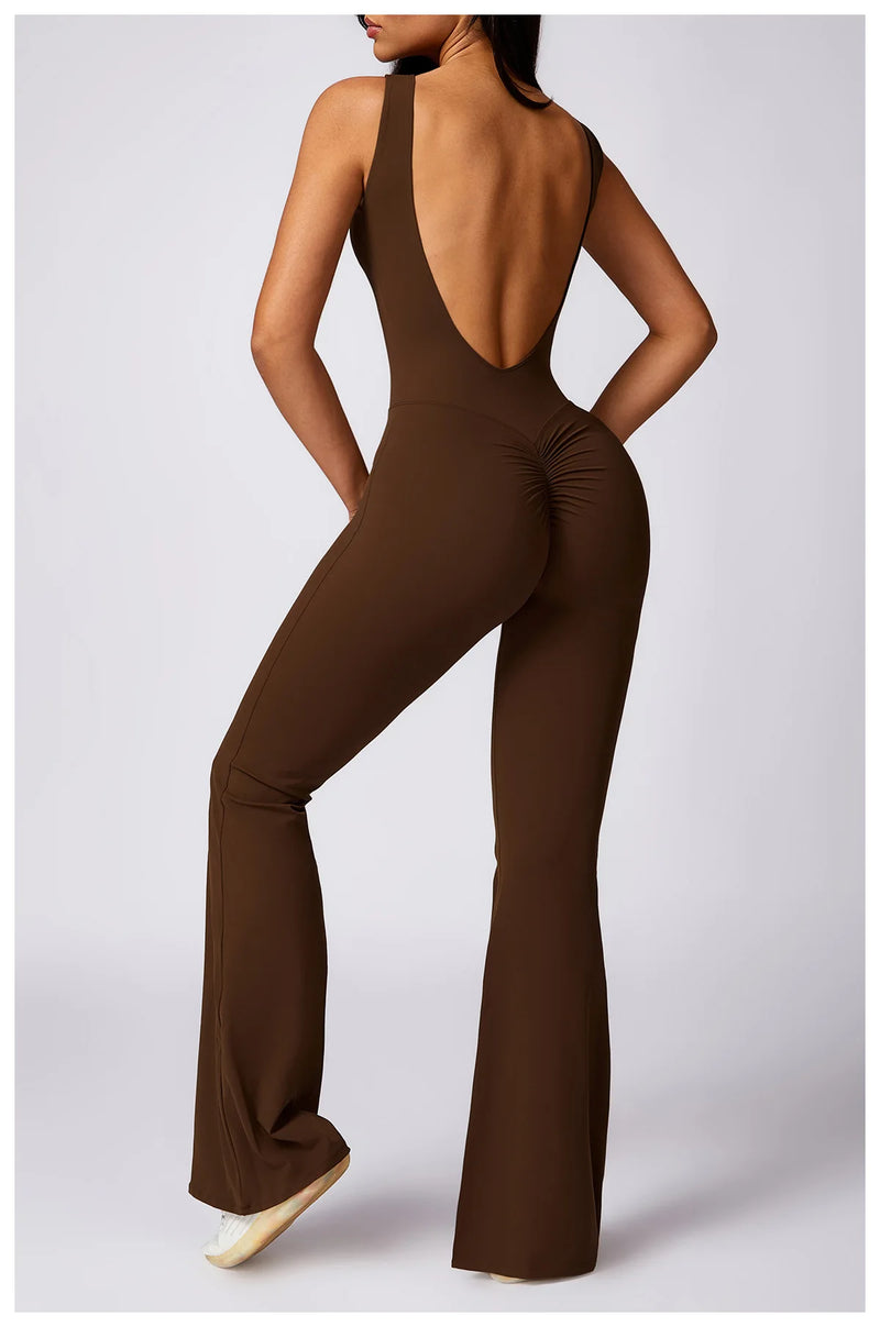 Sleeveless One-piece Suit Women Backless Sports Jumpsuit Female Flared Rompers Quick Drying Yoga Clothing Workout Bodysuits