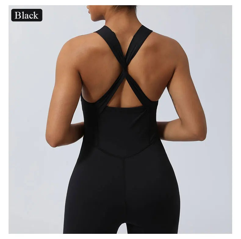 Women Fitness Jumpsuit Cross Back Vest Flare Leg Yoga Set Running Training With Padded Yoga Set