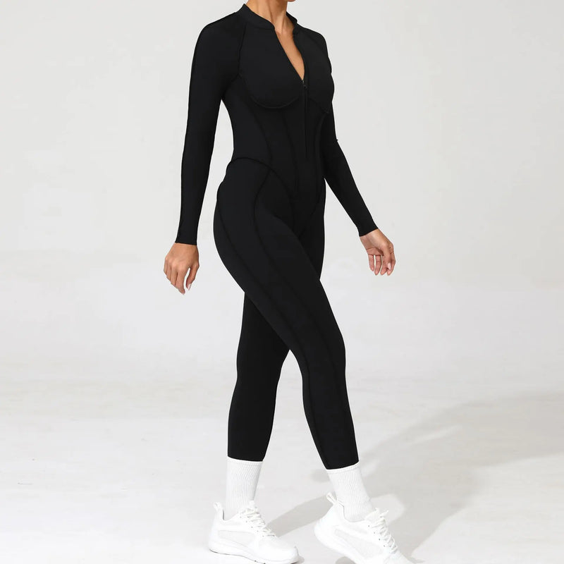 2025 Women's One-piece Yoga Jumpsuit leggings Zipper Nylon Long-sleeved Sexy Backless Slim Fit Sports Outfit with chest pad