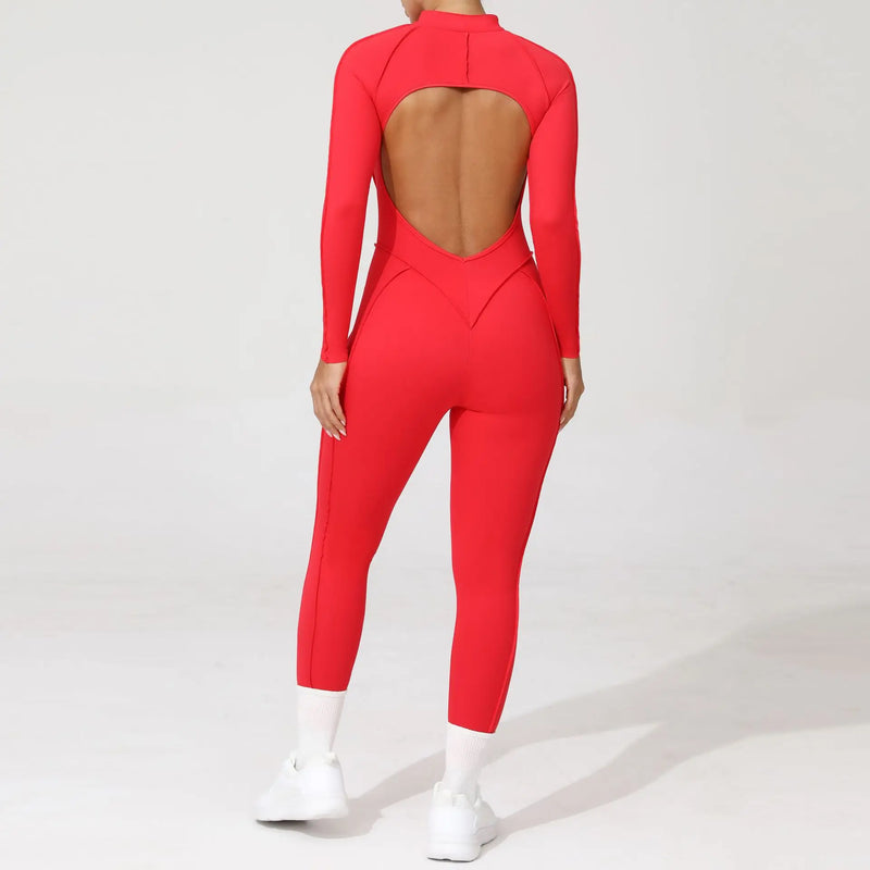2025 Women's One-piece Yoga Jumpsuit leggings Zipper Nylon Long-sleeved Sexy Backless Slim Fit Sports Outfit with chest pad