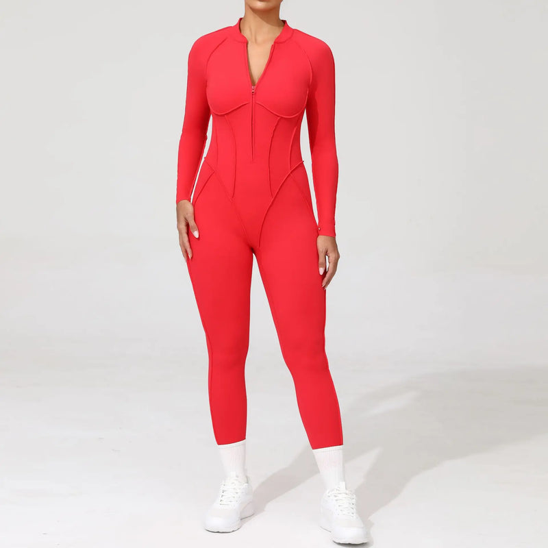 2025 Women's One-piece Yoga Jumpsuit leggings Zipper Nylon Long-sleeved Sexy Backless Slim Fit Sports Outfit with chest pad