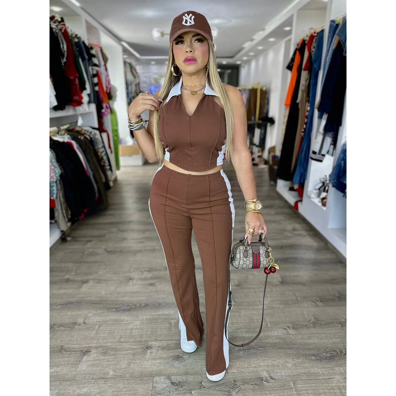 Sister Star Women's Comfortable Casual Patchwork Color Collision V-neck Zipper Sleeveless Open Long Straight Pants Two-piece Set