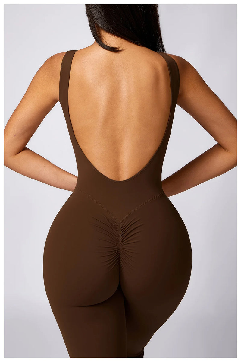 Sleeveless One-piece Suit Women Backless Sports Jumpsuit Female Flared Rompers Quick Drying Yoga Clothing Workout Bodysuits