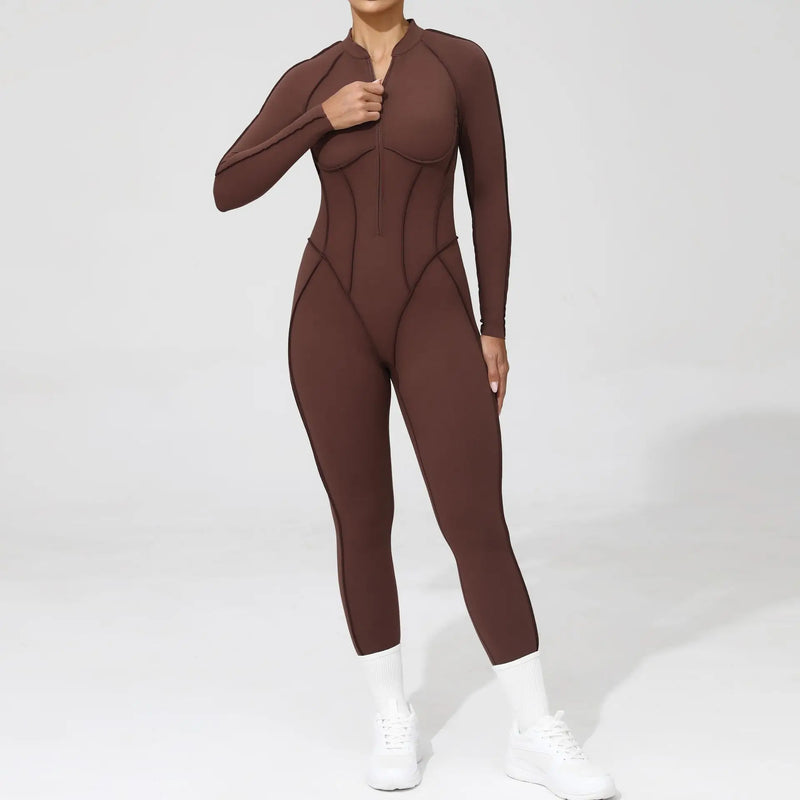 2025 Women's One-piece Yoga Jumpsuit leggings Zipper Nylon Long-sleeved Sexy Backless Slim Fit Sports Outfit with chest pad