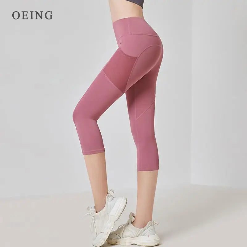 Women Sport Leggings High Waist Cropped Yoga Pants Elastic Mesh Pocket Running Capris Gym Crop Leggings Slim Fitness Tights