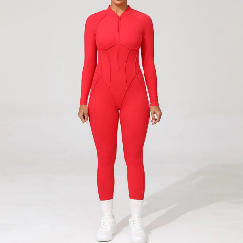 2025 Women's One-piece Yoga Jumpsuit leggings Zipper Nylon Long-sleeved Sexy Backless Slim Fit Sports Outfit with chest pad