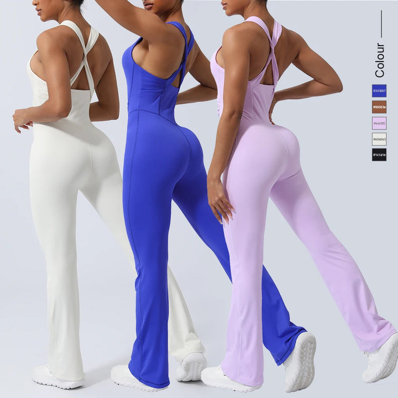 Women Fitness Jumpsuit Cross Back Vest Flare Leg Yoga Set Running Training With Padded Yoga Set