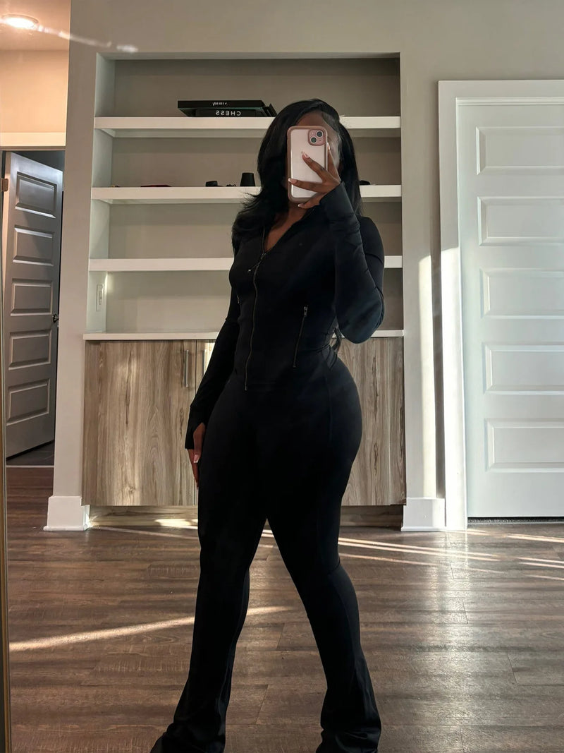 Pant Sets Two Piece Set Women Sexy Slim Fit Zipper Top Stand Collar Solid Sporty Casual Splice Flare Pants Elastic Waist