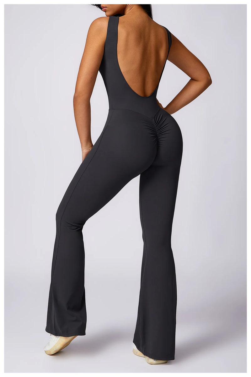 Sleeveless One-piece Suit Women Backless Sports Jumpsuit Female Flared Rompers Quick Drying Yoga Clothing Workout Bodysuits