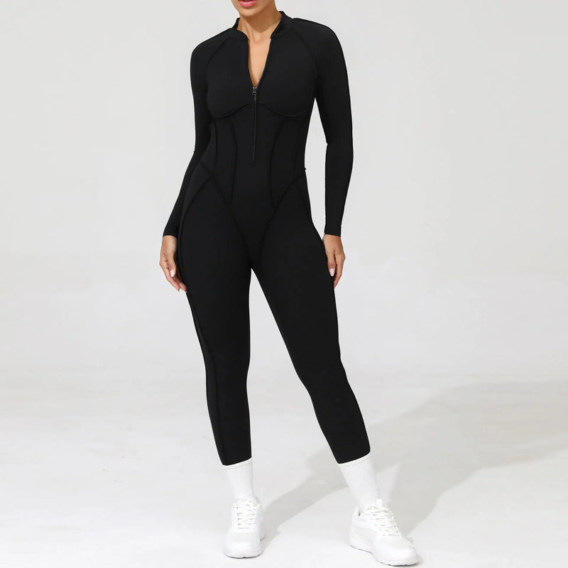 2025 Women's One-piece Yoga Jumpsuit leggings Zipper Nylon Long-sleeved Sexy Backless Slim Fit Sports Outfit with chest pad