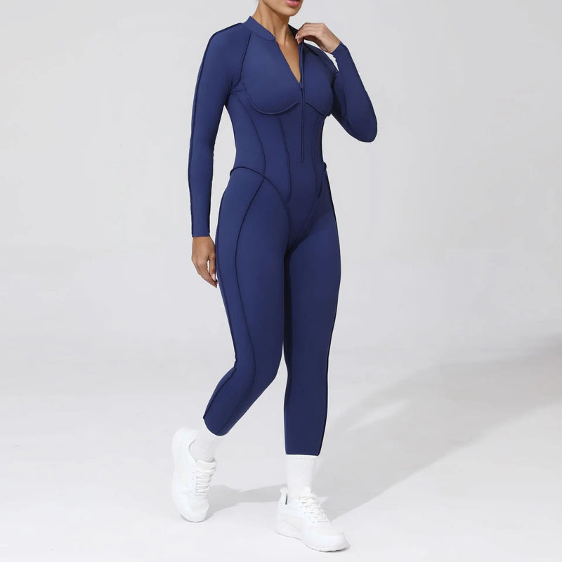 2025 Women's One-piece Yoga Jumpsuit leggings Zipper Nylon Long-sleeved Sexy Backless Slim Fit Sports Outfit with chest pad