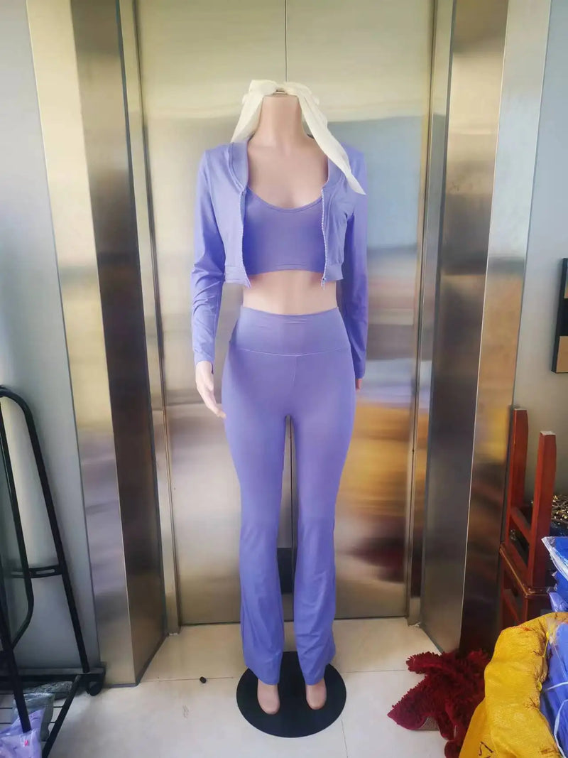 Women's Sports Suit Casual Tight Waist Solid Color Long Sleeved Top Vest Long Pants Three Piece Set Autumn