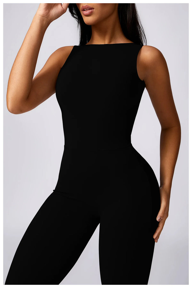 Sleeveless One-piece Suit Women Backless Sports Jumpsuit Female Flared Rompers Quick Drying Yoga Clothing Workout Bodysuits