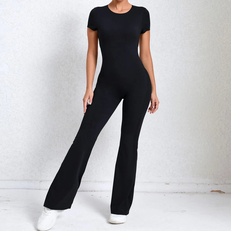 Women Sports Flared Pants Fitness Rompers Stretch Workout Bodysuits Jumpsuit Long Sleeves Gym Set Women's Yoga Suit Sportswear