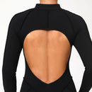 2025 Women's One-piece Yoga Jumpsuit leggings Zipper Nylon Long-sleeved Sexy Backless Slim Fit Sports Outfit with chest pad