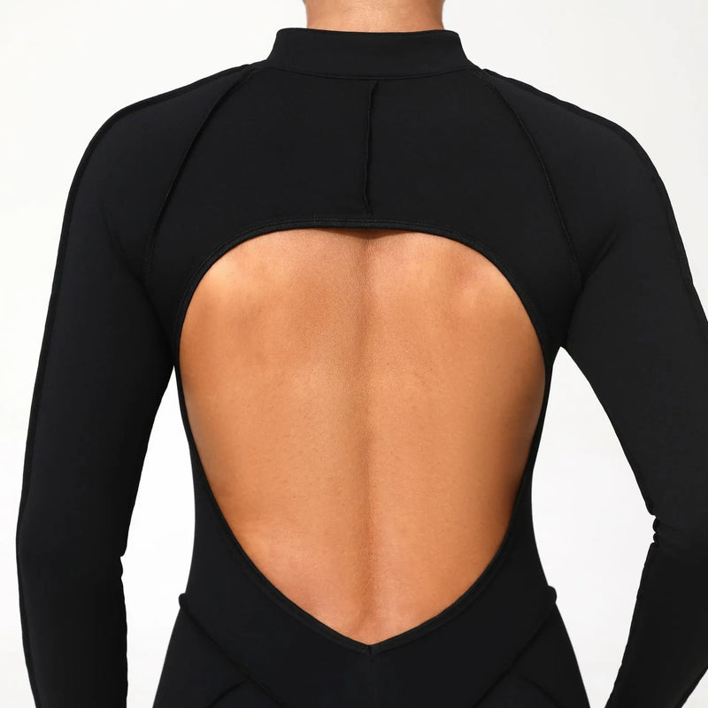 2025 Women's One-piece Yoga Jumpsuit leggings Zipper Nylon Long-sleeved Sexy Backless Slim Fit Sports Outfit with chest pad