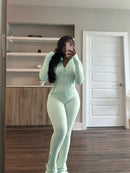 Pant Sets Two Piece Set Women Sexy Slim Fit Zipper Top Stand Collar Solid Sporty Casual Splice Flare Pants Elastic Waist