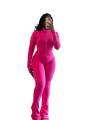 Pant Sets Two Piece Set Women Sexy Slim Fit Zipper Top Stand Collar Solid Sporty Casual Splice Flare Pants Elastic Waist