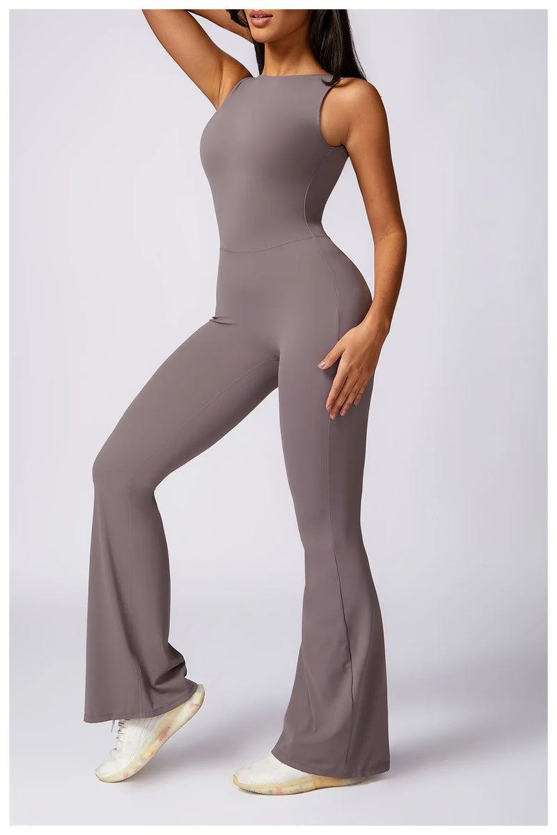 Sleeveless One-piece Suit Women Backless Sports Jumpsuit Female Flared Rompers Quick Drying Yoga Clothing Workout Bodysuits