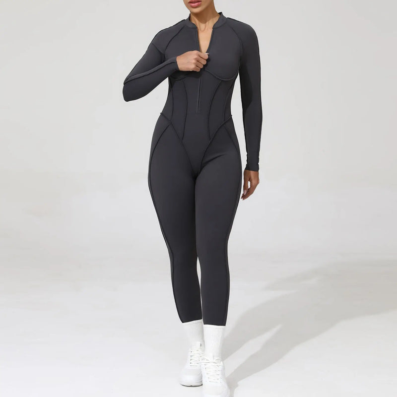 2025 Women's One-piece Yoga Jumpsuit leggings Zipper Nylon Long-sleeved Sexy Backless Slim Fit Sports Outfit with chest pad