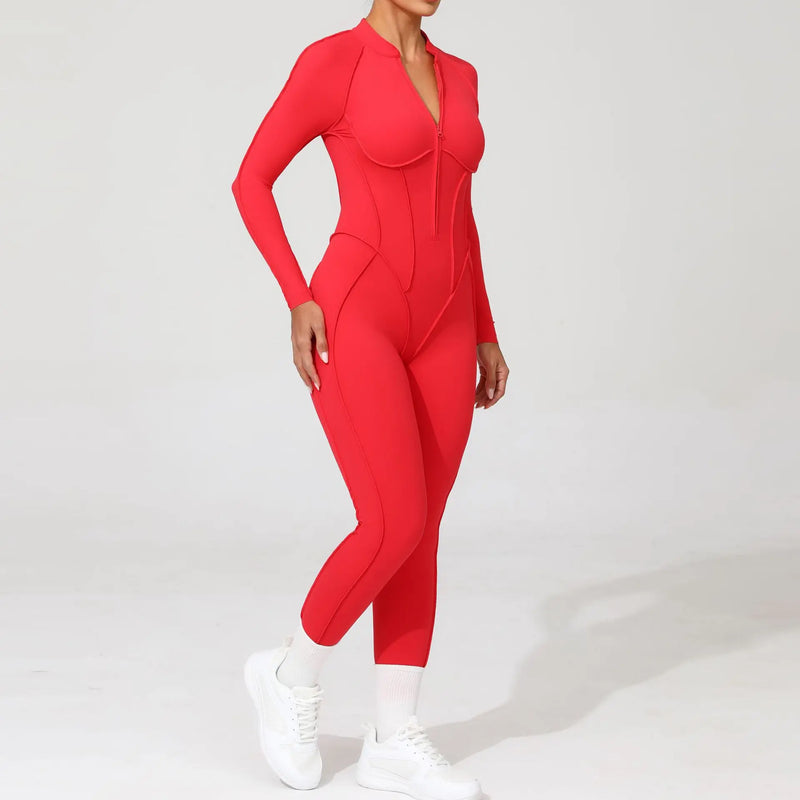 2025 Women's One-piece Yoga Jumpsuit leggings Zipper Nylon Long-sleeved Sexy Backless Slim Fit Sports Outfit with chest pad