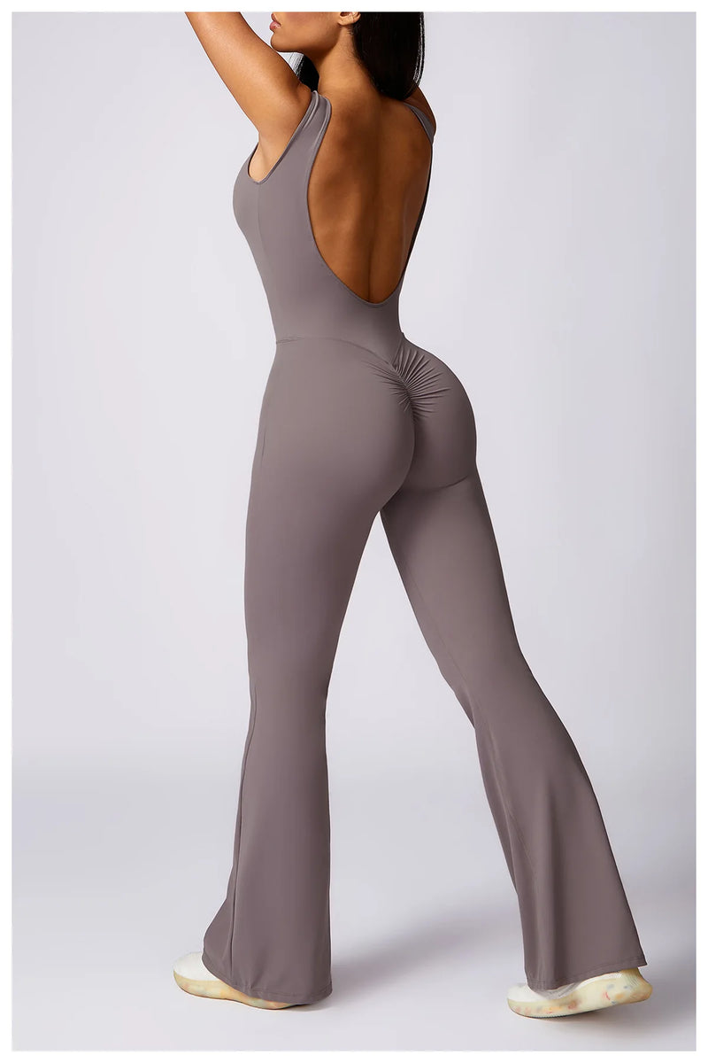 Sleeveless One-piece Suit Women Backless Sports Jumpsuit Female Flared Rompers Quick Drying Yoga Clothing Workout Bodysuits