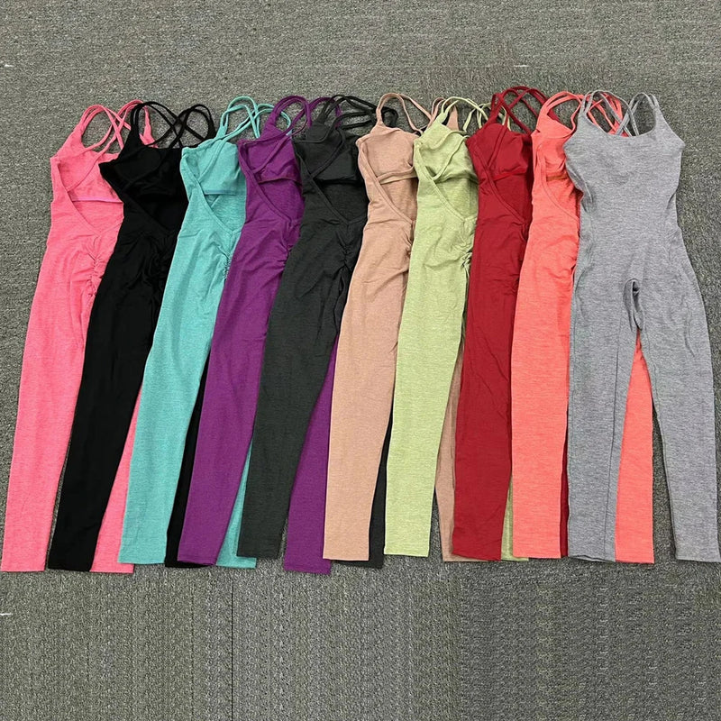 Pad Cross Back Women 2025 Lycra Fitness Gym One Piece Jumpsuit Leggings Workout Pant Female Shorts Active Wear Sport Outfit Suit