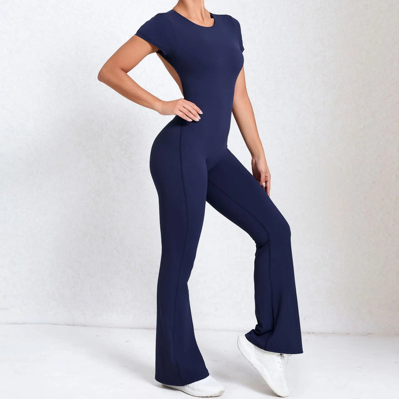 Women Sports Flared Pants Fitness Rompers Stretch Workout Bodysuits Jumpsuit Long Sleeves Gym Set Women's Yoga Suit Sportswear