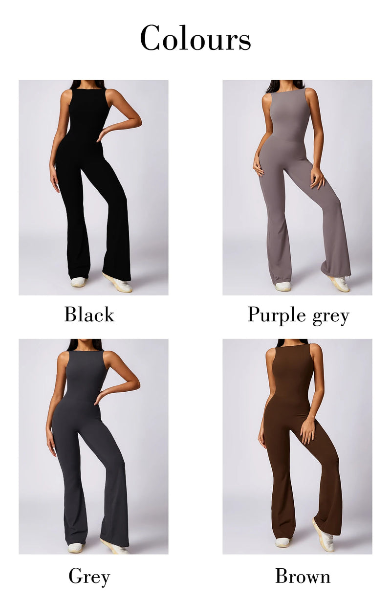 Sleeveless One-piece Suit Women Backless Sports Jumpsuit Female Flared Rompers Quick Drying Yoga Clothing Workout Bodysuits