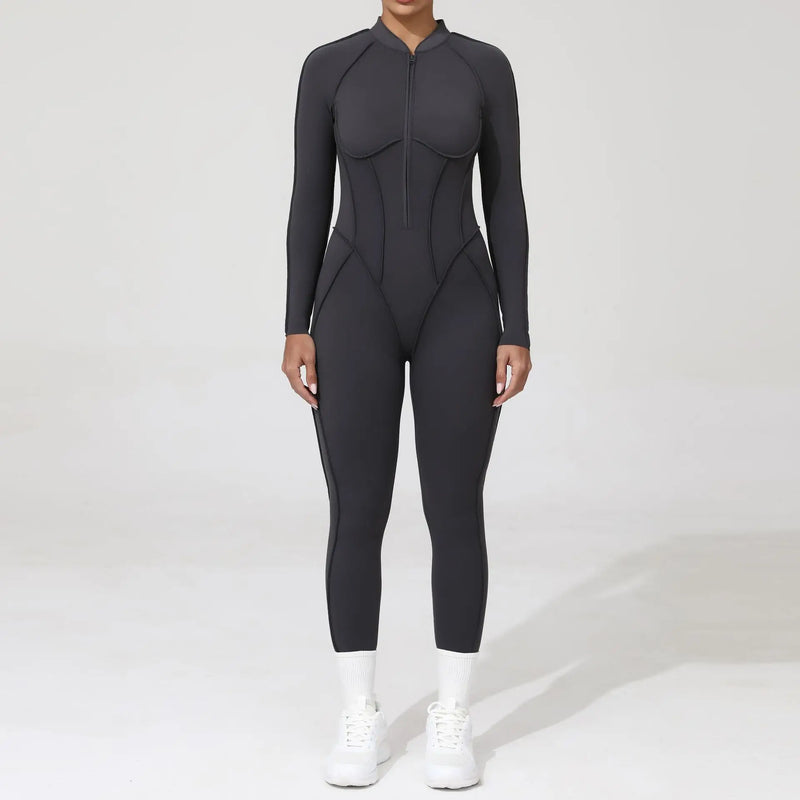 2025 Women's One-piece Yoga Jumpsuit leggings Zipper Nylon Long-sleeved Sexy Backless Slim Fit Sports Outfit with chest pad