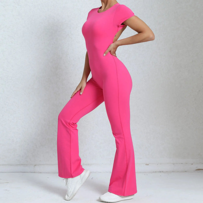 Women Sports Flared Pants Fitness Rompers Stretch Workout Bodysuits Jumpsuit Long Sleeves Gym Set Women's Yoga Suit Sportswear