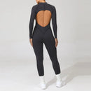 2025 Women's One-piece Yoga Jumpsuit leggings Zipper Nylon Long-sleeved Sexy Backless Slim Fit Sports Outfit with chest pad