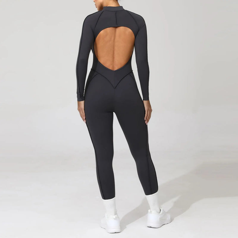 2025 Women's One-piece Yoga Jumpsuit leggings Zipper Nylon Long-sleeved Sexy Backless Slim Fit Sports Outfit with chest pad
