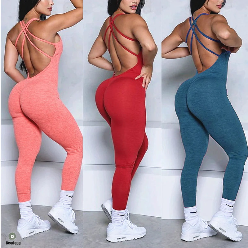 Pad Cross Back Women 2025 Lycra Fitness Gym One Piece Jumpsuit Leggings Workout Pant Female Shorts Active Wear Sport Outfit Suit