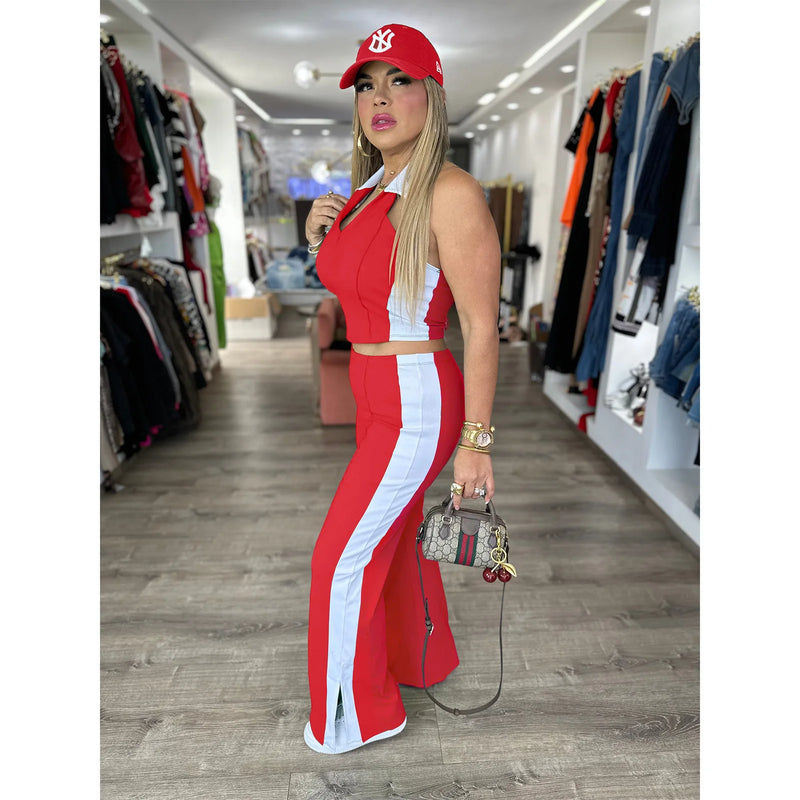 Sister Star Women's Comfortable Casual Patchwork Color Collision V-neck Zipper Sleeveless Open Long Straight Pants Two-piece Set