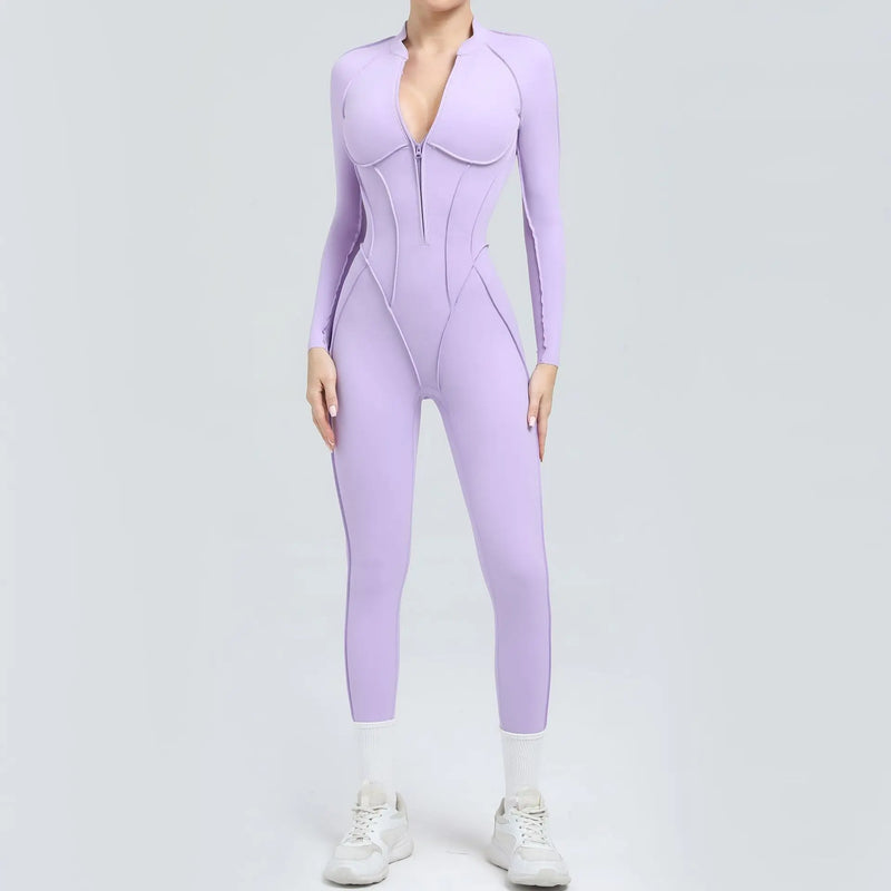 2025 Women's One-piece Yoga Jumpsuit leggings Zipper Nylon Long-sleeved Sexy Backless Slim Fit Sports Outfit with chest pad