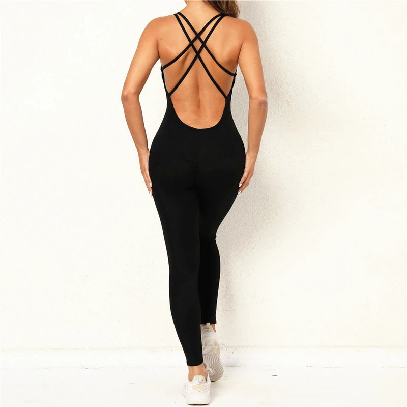 Pad Cross Back Women 2025 Lycra Fitness Gym One Piece Jumpsuit Leggings Workout Pant Female Shorts Active Wear Sport Outfit Suit