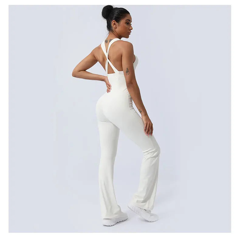 Women Fitness Jumpsuit Cross Back Vest Flare Leg Yoga Set Running Training With Padded Yoga Set