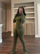 Pant Sets Two Piece Set Women Sexy Slim Fit Zipper Top Stand Collar Solid Sporty Casual Splice Flare Pants Elastic Waist