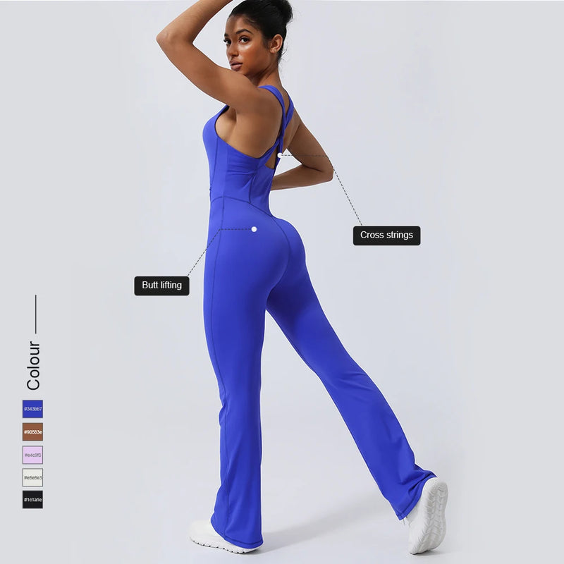 Women Fitness Jumpsuit Cross Back Vest Flare Leg Yoga Set Running Training With Padded Yoga Set