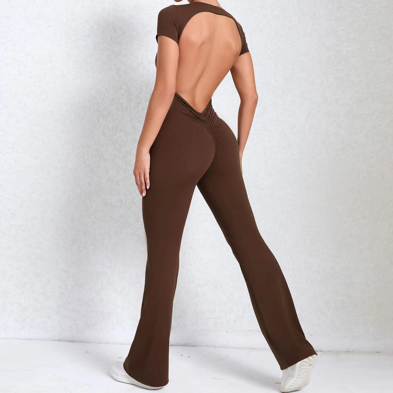 Women Sports Flared Pants Fitness Rompers Stretch Workout Bodysuits Jumpsuit Long Sleeves Gym Set Women's Yoga Suit Sportswear